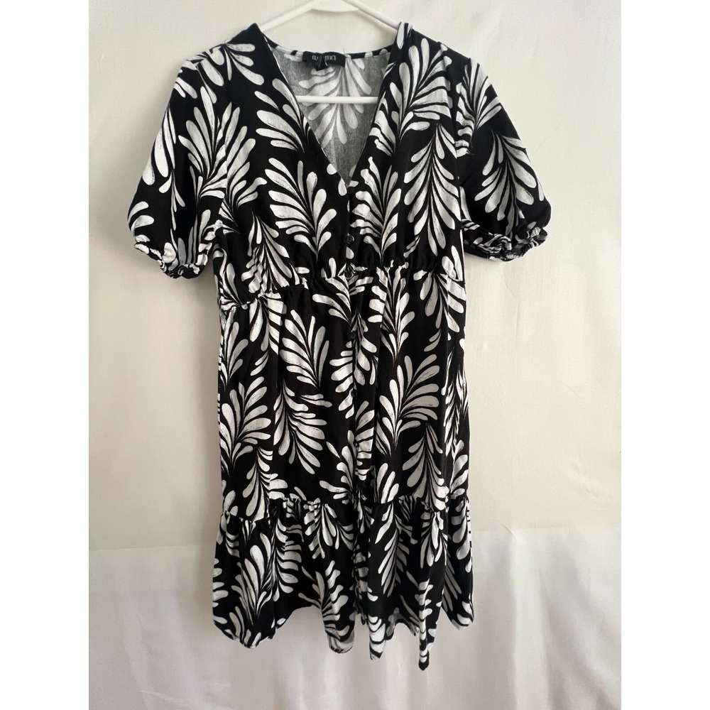Ellen Tracy Dress Womens Small Black Linen Ruffle Resort Beach Floral‎ Mini